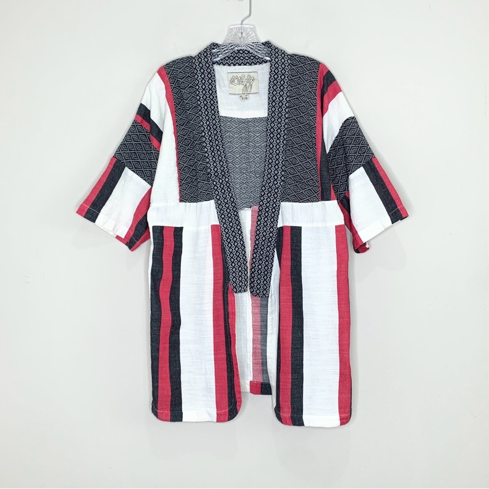 Ace & Jig Kimono Jacket (Sz XS) Open Front Cotton Tribe Stripe Ivory Red Black